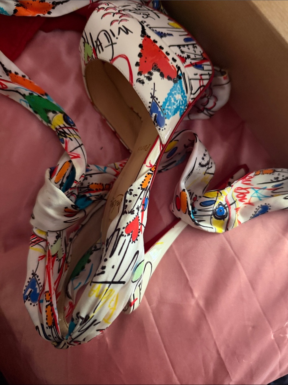 Christian Louboutin White Graffiti Print Wedge Sandals and clutch bag - Picture 7 of 9